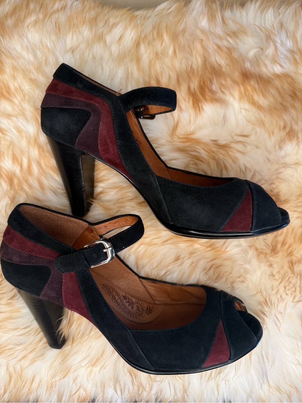 Sofft Black and Burgundy Suede Mary Jane Peep-Toe Heels